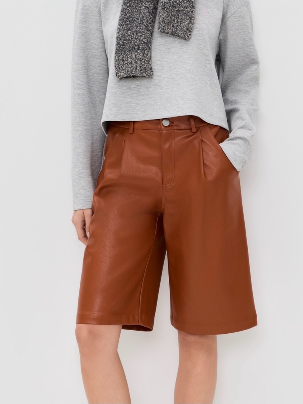 High-Rise Faux Leather Bermuda Shorts in Cognac Brown